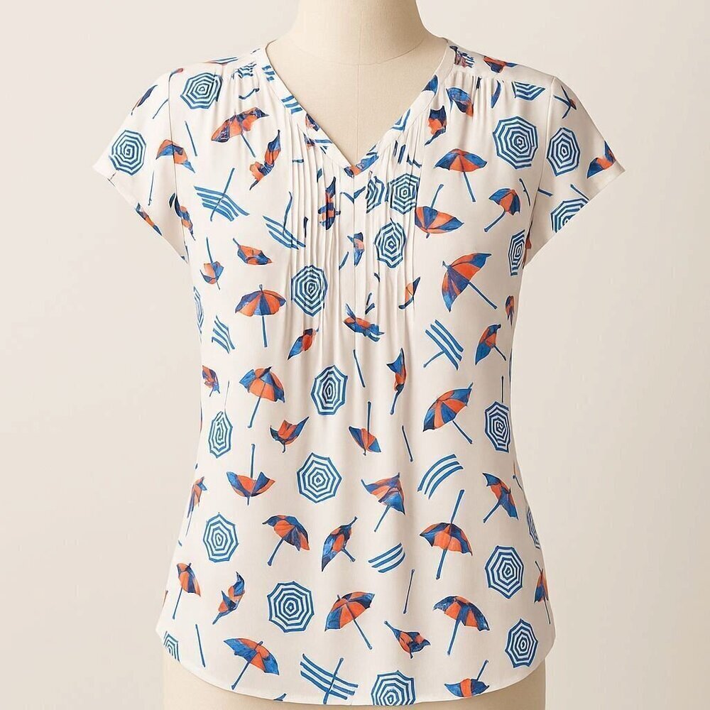 Talbots Petites Beach Umbrella Print V-Neck Blouse SP Red White Blue Nautical - Picture 3 of 13